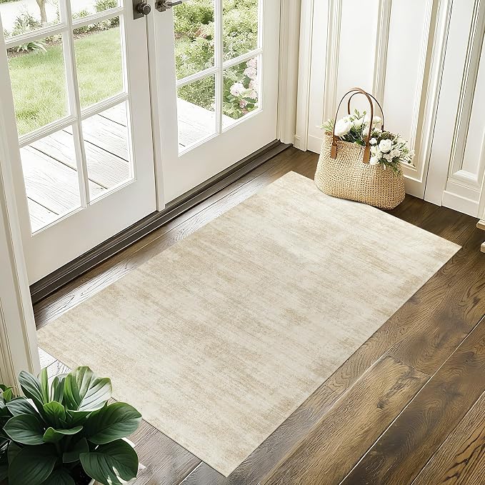 2x3 Washable Rug for Entryway Indoor Soft Farmhouse Rugs Samll Tan Beige | Abstract Neutral Modern, with Low Pile Non Slip, Carpet for Kitchen Sink Bathroom, Stain Resistant Rubber Backing, Foldable