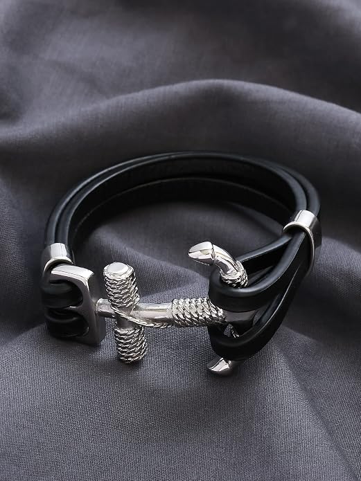 HAQUIL Red Lucky Paracord and Rope Anchor Black Leather Bracelets, Durable Unisex Braided Cord with Stainless Steel Closure