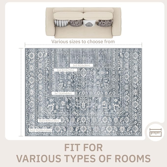 Soalmost 5x7 Area Rugs for Living Room, Washable Bedroom Soft Rug Blue | Vintage Floral Non-Slip Low Pile Throw Large Neutral Carpet for Dining Room Kitchen Home Office Nursery 5'x7'