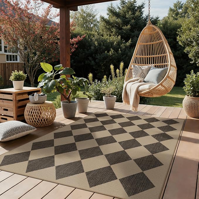 GENIMO Indoor Outdoor Area Rug 6'x9', Checkered Easy Jute Rug Machine Washable, Easy-Cleaning, Non Slip Geometric Diamond Outdoor Carpet for Patio, Living Room, Backyard, Porch, Deck, Balcony