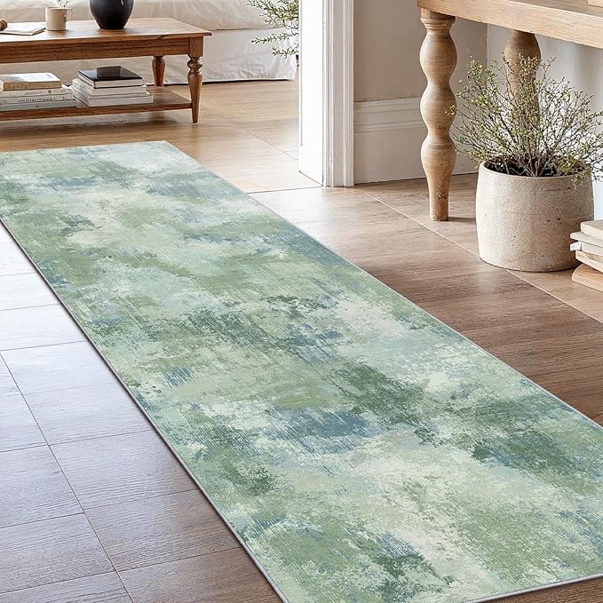 Runner Rugs for Hallway 2'6"x8', Modern Abstract Machine Washable Runners for Kitchen Entryway Bathroom Bedroom, Low Pile Lightweight Thin Non Slip Runner Rug, Green