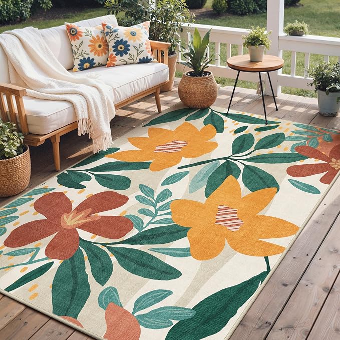 GENIMO 5x8 Outdoor Rug, Washable for Patio and Deck, Teal Orange | Floral design for porch; fade resistant chenille with quick-dry non-slip backing for indoor sunroom