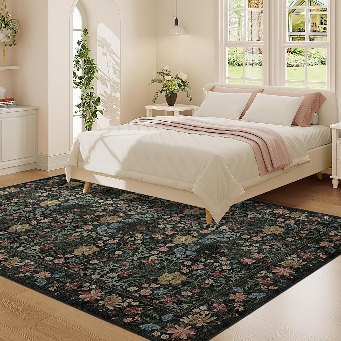 DUKINO 5x7 Area Rugs, Vintage Floral Washable Rug for Living Room, Black | Non Slip, Low Pile, Soft, Lightweight, Boho Indoor Carpet for Bedroom, Office, Dining Room, Dorm Room, Farmhouse, Home Decor