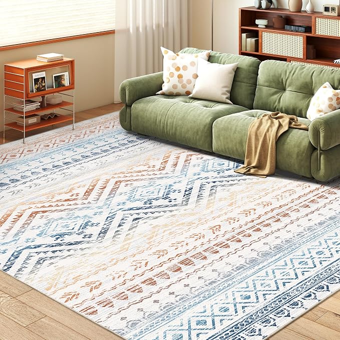 Miukiki 5x7 Area Rug for Living Room Moroccan Washable Rugs Non Slip Indoor Floor Carpet Foldable Large Soft Area Rug for Dining Room Bedroom with Low Pile(Colorful,5'x7')