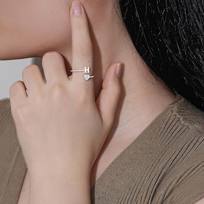Step Forward 925 Sterling Silver Adjustable Initial Ring for Women | Non Tarnish Letter Rings for Lady | Alphabet Heart Thumb Rings | Capital Letter Jewelry Gifts