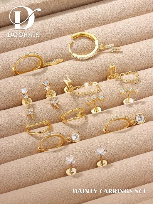 Dochais Flat Back Cartilage Earrings for Women Trendy Dainty CZ Flatback Studs Earing Sets 14k Gold Plated Hypoallergenic Huggie Hoops Earring Stacks for Multiple Piercing