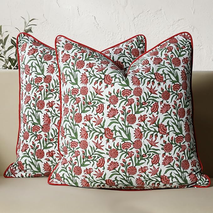CPC 100% Cotton Throw Pillow Covers 24x24 Inch, Set of 2 Red Block Print Pattern Couch Pillow, Cute Boho Decorative Pillows for Living Room, Bedroom with Hidden Zipper- Red Garnet