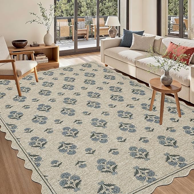 ORTIGIA Scalloped Easy Jute 5x7 Area Rug Vintage Blue Block Floral Farmhouse Washable Rug Non-Slip Indoor Outdoor Carpet for Living Room Bedroom Patio Entryway