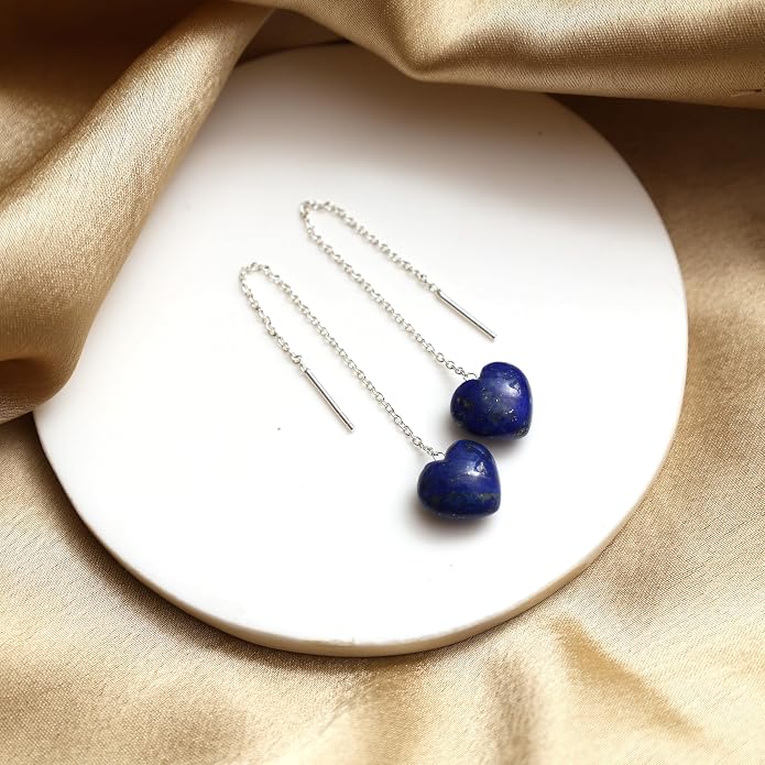 Gemstone Heart Shaped Threader Earrings in 925 Sterling Silver, Pull Through Adjustable, Versatile & Trendy, Perfect Valentine's Gift for Women, Choice of Gemstone Available
