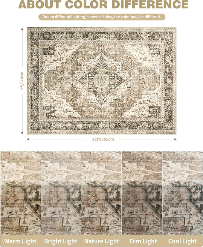 Roxstand 9x12 Washable Area Rug, Vintage Non Slip Rugs, Brown/Beige | Soft Low Pile Design, Stain Resistant,Pet & Kid Friendly,Carpet for Living Room, Bedroom, Dining Room and Office Decor