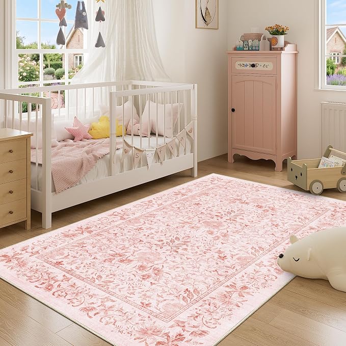 DUKINO 4x6 Rug for Living Room, Washable Vintage Floral Area Rug, Pink | Non Slip, Low Pile, Non-Shedding, Aesthetic Lightweight Soft Indoor Carpet for Bedroom Kitchen Bathroom Entryway Farmhouse