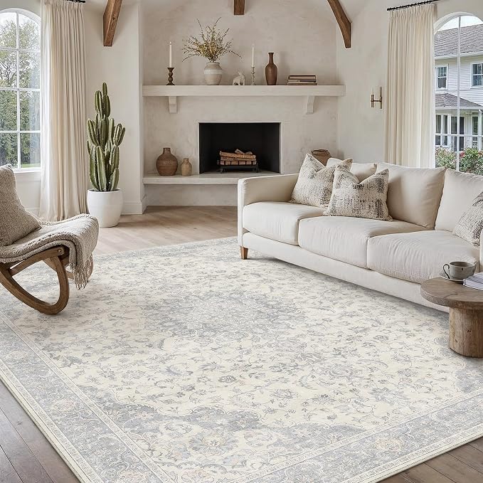 PureCozy 9x12 Area Rug Washable Neutral Gray Vintage Floral | Non Slip, Soft Low Pile, Indoor Carpet for Living Room, Bedroom, Dining Room, Farmhouse Decor