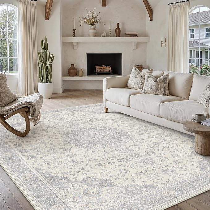 PureCozy 5x7 Area Rug Washable Neutral Gray Vintage Floral | Non Slip, Soft Low Pile, Indoor Carpet for Bedroom, Living Room, Dining Room, Farmhouse Decor
