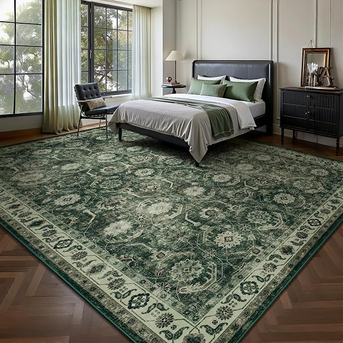 9x12 Area Rug, Soft Non Slip Low Pile Washable Rug, Boho Modern Large Rug for Living Room, Bedroom, Dining Room, Sage Green