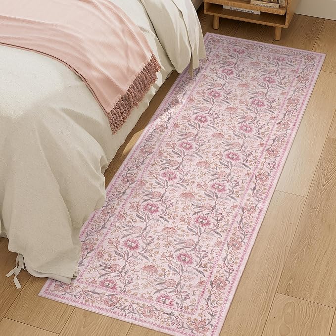 DUKINO 2x6 Runner Rug, Washable Vintage Floral Kitchen Rug, Pink | Non Slip, Low Pile, Non-Shedding, Stain Resistant Soft Carpet Runner for Hallway Bathroom Entryway Bedroom Laundry Farmhouse