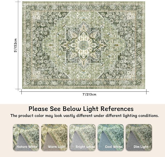 5×7 Machine Washable Rug for Living Room, Boho Vintage 5×7 Area Rug，Distressed Accent Low Pile Ultra Soft Large Carpet for Bedroom Bathroom Dining Room, Floral/Green