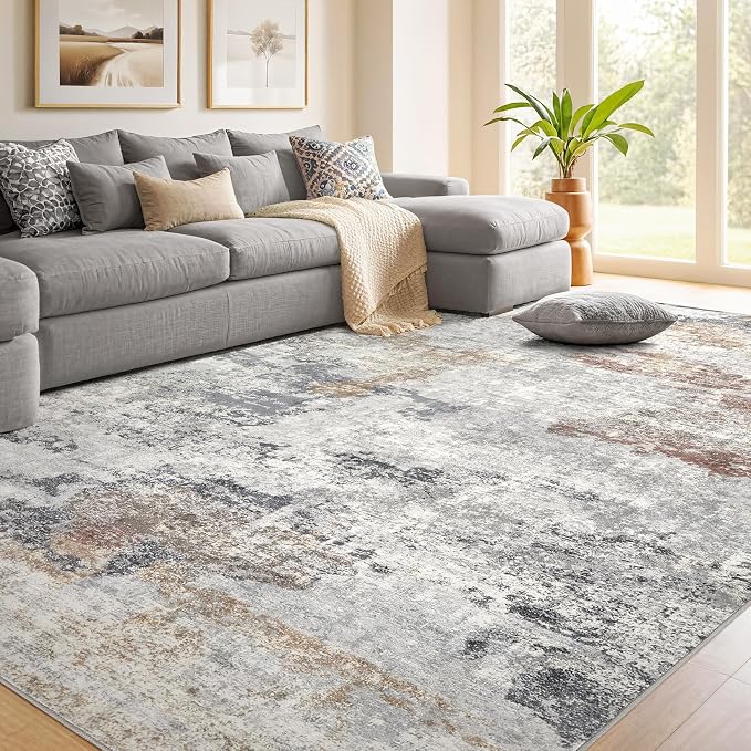 DMOYEST 7x9 Area Rugs for Living Room, Washable Large Abstract Rug, Non Slip Low Pile Indoor Carpet, Kid & Pet Friendly Neutral Modern Rugs for Bedroom Dining Room - Grey/Orange/Yellow