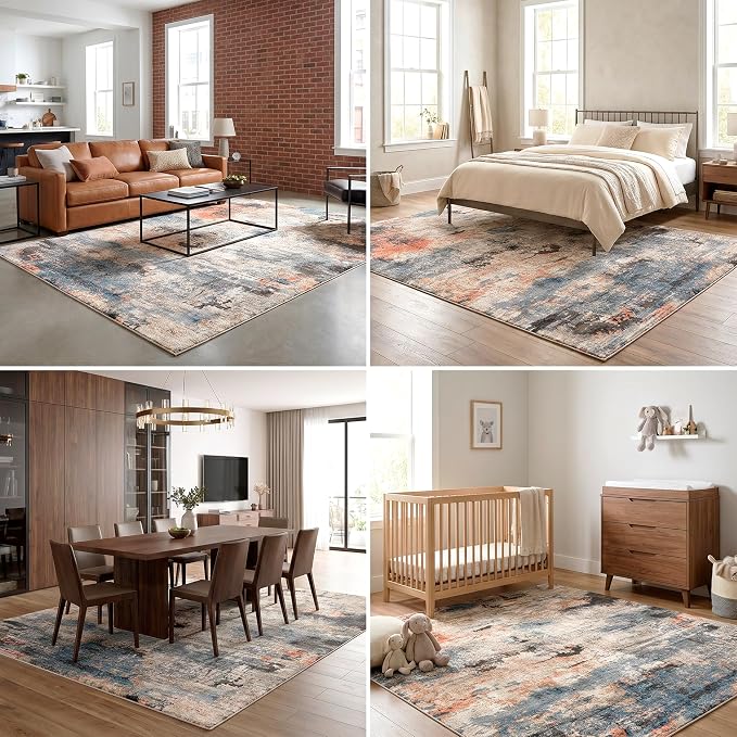 6'x9' Washable Rugs for Living Room, Modern Abstract Distressed Large Carpet, Water Resistant 0.3 Inch Low Pile Floor Mat for Dining Room Bedroom Office, Terracotta Blue