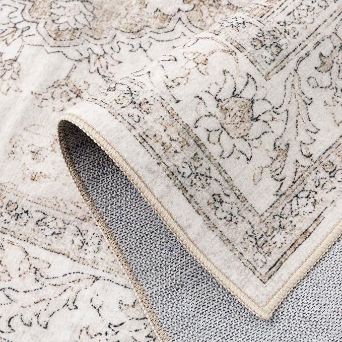 PureCozy Beige Area Rug 2x3 Washable Vintage Small Carpet for Entryway Kitchen Soft Retro Low Pile Thin Door Mat Non Slip Oriental Medallion Throw Rug for Bathroom Office Bedroom Dining Room