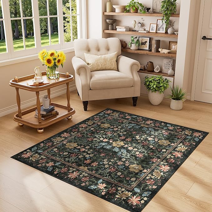 DUKINO 4x4 Square Rug, Washable Vintage Floral Living Room Area Rug, Black | Non Slip, Low Pile, Stain Resistant, Lightweight Soft Carpet for Entryway Bedroom Kitchen Home Office Kids Playroom Farmhouse
