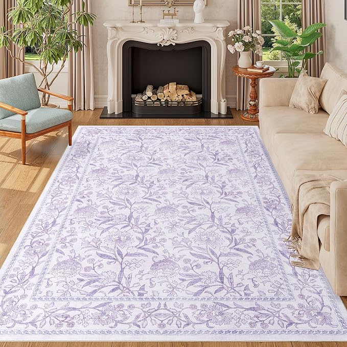 DUKINO 5x7 Area Rugs, Vintage Floral Washable Rug for Living Room, Purple | Non Slip, Low Pile, Non-Shedding, Stain Resistant Lightweight Boho Soft Carpet for Bedroom Home Office Dining Room Farmhouse