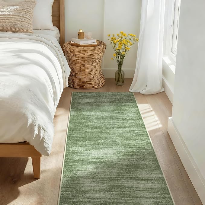 Kitchen Runner Rugs Non Skid Washable Olive Green Low Pile Neutral Rug 3x8 | for Hallways Bedroom Laundry Room, Abstract Minimalist Boho, Low Pile Floor Protector Carpet, Hunter Green, with Foldable