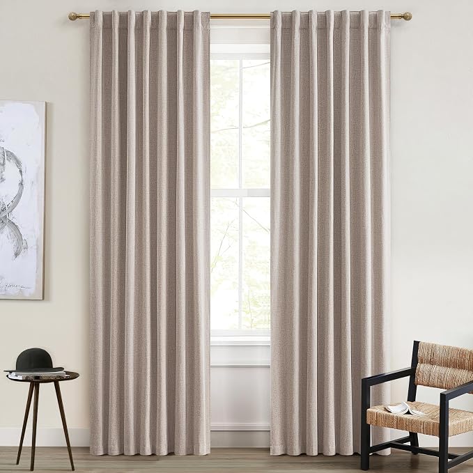 Thick Burlap 92 Inch Blackout Curtains 2 Panels Set for Dining Room, Natural Linen Room Darkening Sunblock Spring Curtain with Back Tab & Rod Pocket for Office Room Window Burg(50"W x 92"L Pleat)