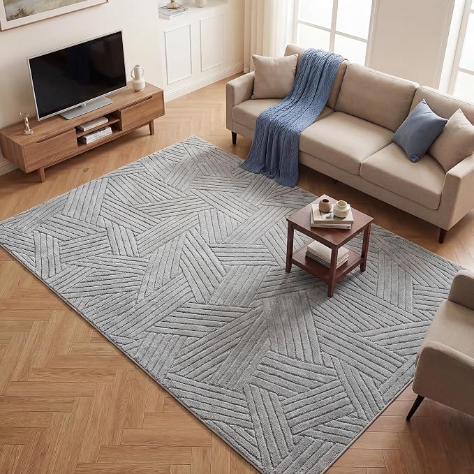 Carvapet 5x7 Area Rug - Grey Modern 3D High Low Pile Texture Floor Carpet, Cozy Knitted Swirl Pattern Washable Soft Plush Rug with Skid-Resistant Backing for Living Room Bedroom