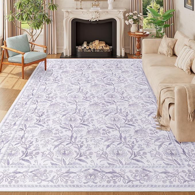DUKINO 9x12 Area Rug for Living Room, Vintage Floral Washable Rug, Purple | Non Slip, Low Pile, Non-Shedding, Stain Resistant, Aesthetic Soft Indoor Large Carpet for Bedroom Dining Room Farmhouse