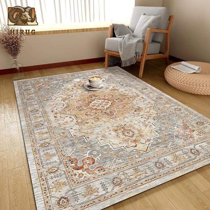 Washable Area Rug 4' x 6' Vintage Traditional Persian Mat - Foldable Distressed Non-Slip Machine Washable Carpet for Living Room Bedroom Kitchen Home Decor - Dove Gray and Coral