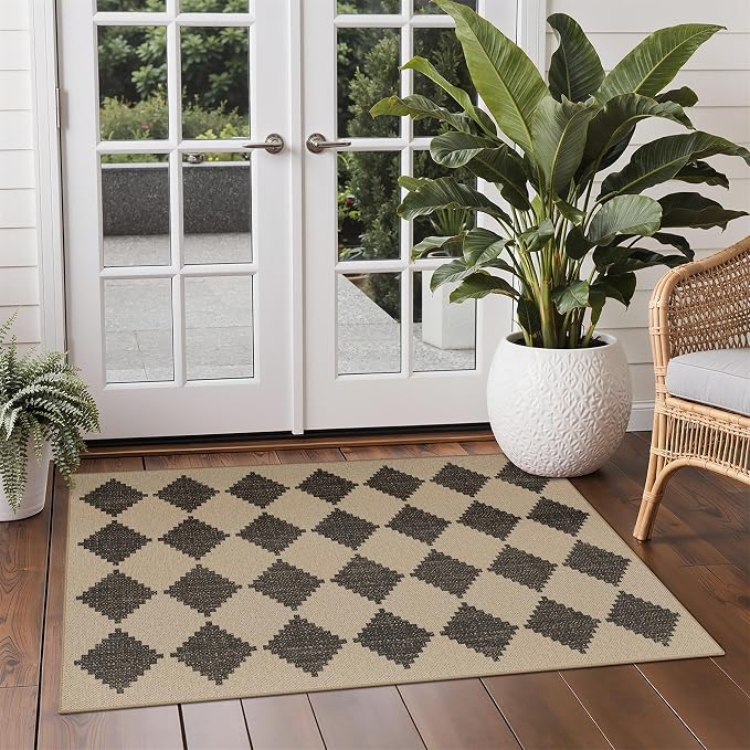 GENIMO Indoor Outdoor Area Rug 3'x5', Checkered Easy Jute Rug Machine Washable, Easy-Cleaning, Non Slip Geometric Outdoor Carpet for Patio, Living Room, Entryway, Backyard, Porch, Deck, Balcony