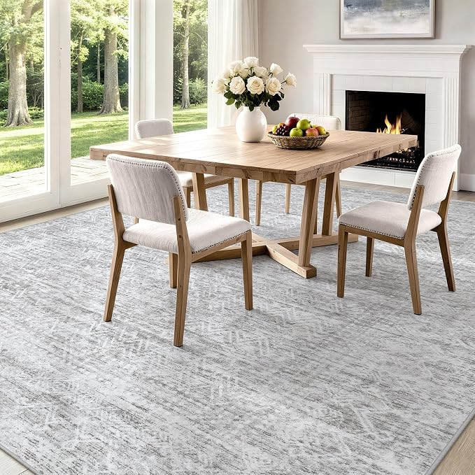 9X12 Area Rug for Living Room, Washable Moroccan Geometric Rug Soft Non-Slip Rubber Vintage Boho Large Rug, Low Pile Farmhouse Carpet for Bedroom Dining Room Nursery Modern Office (Gray, 9'x12')
