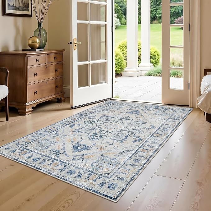 Joydeco 3x5 Area Rugs Vintage, Blue&Grey | Non Slip Machine Washable Low Pile for Livingroom Bedroom Dining Room Home Office