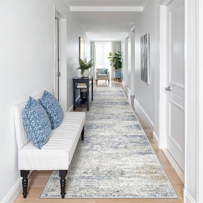 2'6 x 12' Runner Rug Non Slip,Washable Kitchen Rugs,Blue | Carpet Runners for Hallway 12ft,Entryway,Bedroom,Living Room,Thin,Soft, Long Rug,Stain Resistant Indoor Carpet