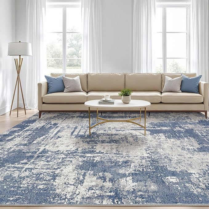 7x9 Area Rug Living Room: Washable Large Abstract Modern Soft Rug Stain Resistant Indoor Floor Non Slip Accent Carpet for Bedroom Nursery Playroom Dining Room Office Dorm Home House- Navy Grey