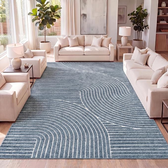 JONATHAN Y Hallie High-Low Curve Dark Blue/Cream 8x10 Indoor/Outdoor Area Rug, Minimalist Geometric, Pet Friendly, for Patio, Backyard, Living Room, Bedroom, Office, Hose-Washable (SCN100C-8)