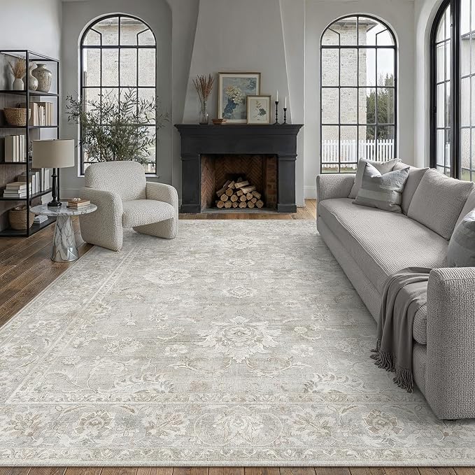 9x12 Grey Area Rug for Living Room Bedroom Neutral Floral Soft Non Slip Rug Low Pile Distressed Large Carpet for Dining Room Nursery Office Indoor