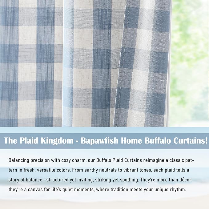 Short Beige-Dusty Blue Buffalo Plaid Curtains 54 Inches Long | Semi Sheer Buffalo Check Farmhouse Drapes,Gingham Checkered Rod Pocket Window Treatment for Bedroom Living Room,40"Wx54"Lx2