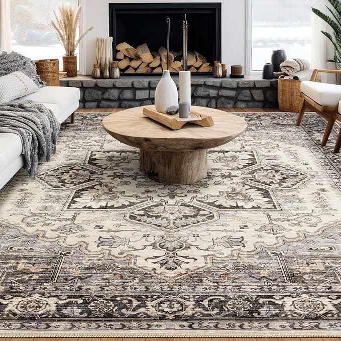 8x11 Area Rugs for Living Room - Large Carpet Ultra Thin Soft Washable Oriental Vintage Floral Distressed Rug Big Indoor Carpets for Bedroom Nursery Dorm Home Decor Aesthetic - Grey Brown