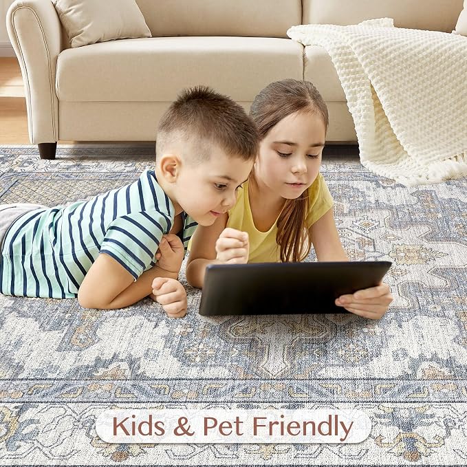 Tortania Area Rug Living Room Rugs - 12x15 Washable Boho Rug Vintage Oriental Distressed Farmhouse Large Thin Indoor Carpet for Living Room Bedroom Under Dining Table Home Office - Blue Beige