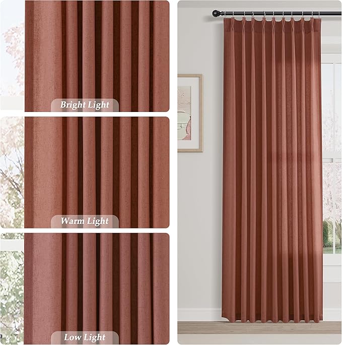 Aersas Canyon Rose Pinch Pleated Linen Curtains 108 Inch Length 2 Panels for Living Room Bedroom Semi Sheer Window Curtain Boho Neutral Back Tab Pinch Pleat Drape with Hooks 40x108