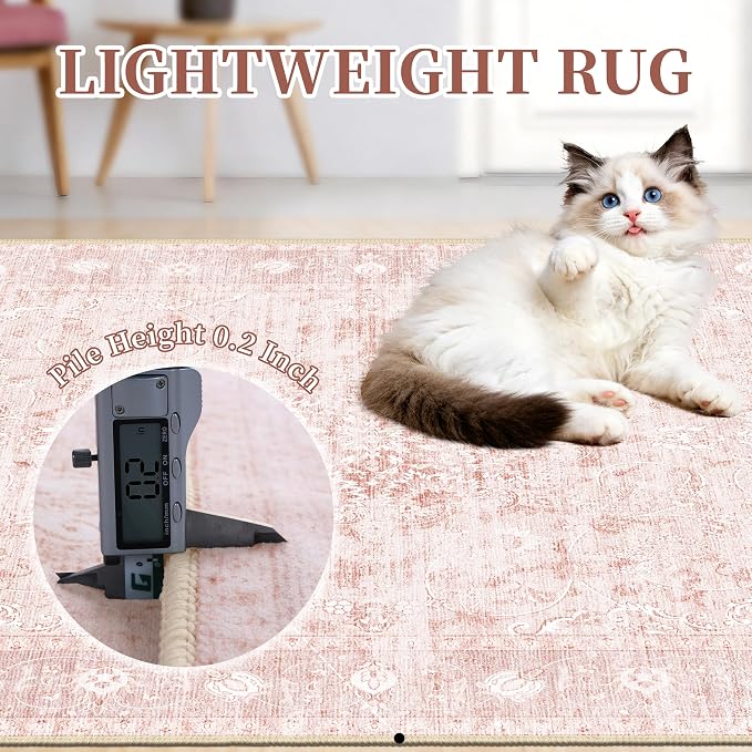 Pink Living Room Rugs 8x10, Neutral Vintage Boho Carpet for Bedroom Nursery | TTelephant Washable Low Pile Indoor Area Rug with Non-Slip Silicone Backing, Non-Shedding Thin