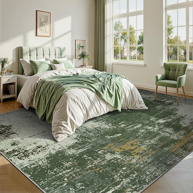 9x12 Rugs for Living Room - Modern Abstract Washable Rug, Ultra Soft Non Slip Low Pile Large Rugs, Floor Carpet for Bedroom Dining Room Office Laundry Nursery Home(Green)