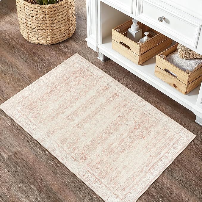 Pink Small Throw Rug for Bedreoom 2x3 Washable Boho Vintage Distressed Aesthetic Style Light Pink Floral Non Slip Cute Area Rugs for Side of Bed Teen Girls Room Kitchen Bathroom Entryway 2 x 3