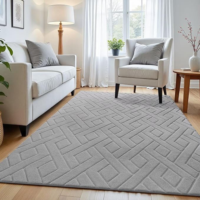 Macgace Ultra Soft Grey Area Rug for Bedroom, 4x6 Modern Geometric Shag Rugs with Nonslip Backing for Living Room, Washable Fuzzy Carpet for Cozy Kids Room