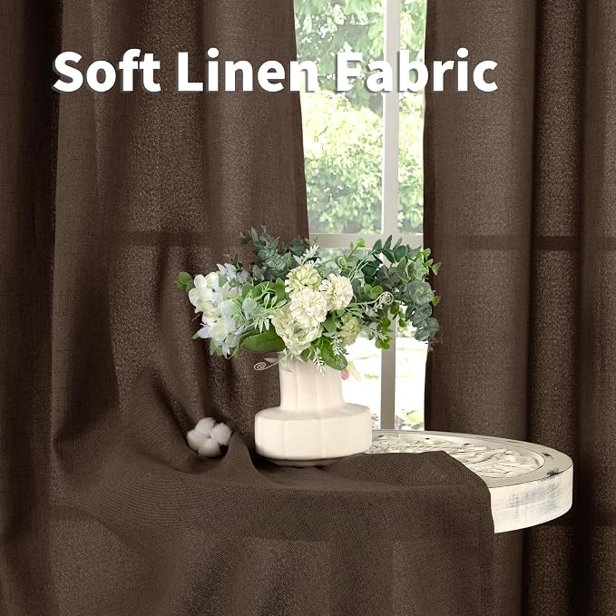 YoungsTex 102 Inches Long Brown Linen Curtains, Chocolate Semi Sheer Drapes with Bronze Grommet Light Filtering Floor Length for Bedroom Living Room, 2 Panels, 52 x 102 Inch