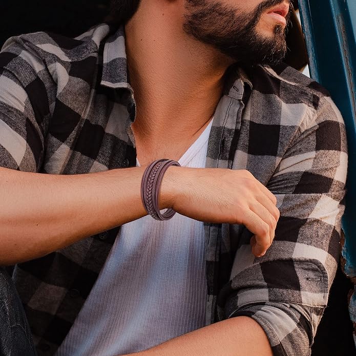 murtoo Mens Leather Bracelet with Clasp Cowhide Multi-Layer Braided Leather Mens Bracelet