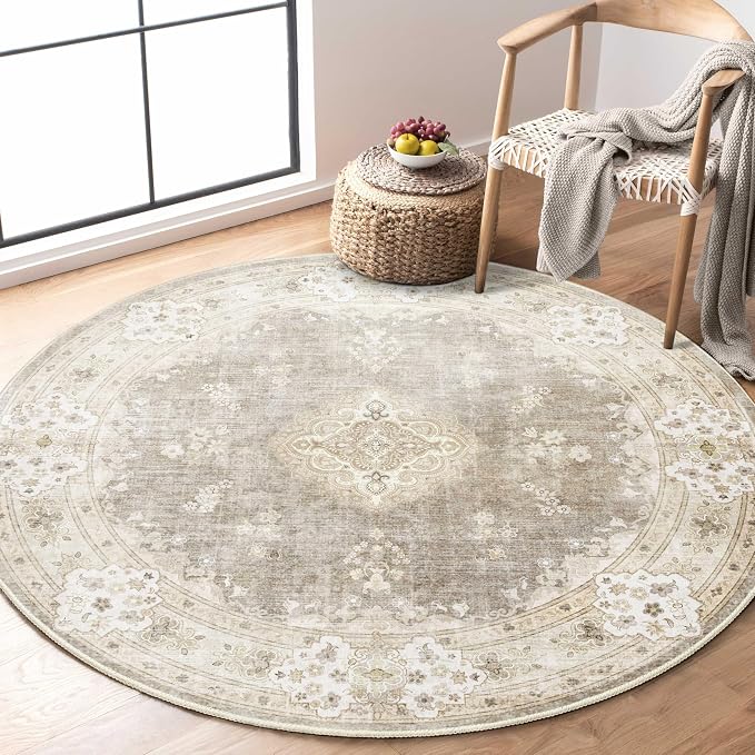 MUJOO Beige Round Rug 4ft Small Circle Washable Area Rug Non Slip Floral | Circular Rugs for Bedroom Living Room Entryway Bathroom Bedroom Boho Throw Carpet Soft Low Pile Indoor Vintage Flowers