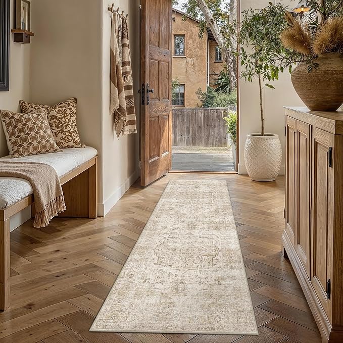 HUGEAR 2x6 Runner Rug Machine Washable Area Rug Beige Room Decor Distressed Vintage Hallway Rugs Low Pile Carpet Non Slip Rugs for Kitchen Laundry Living Soft Lightweight