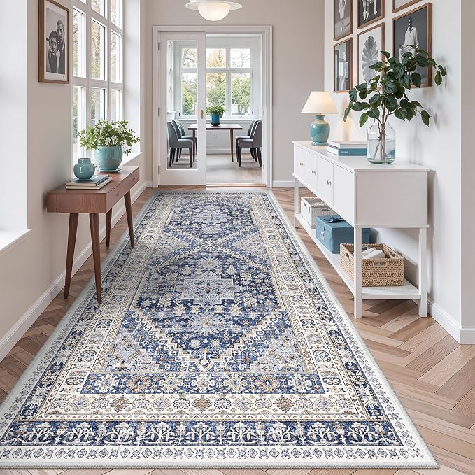 zesthome 4x10 Runner Rug, Washable Hallway Runner Rug with Non-Slip Backing, Low Pile Wide Runner for Living Room, Entryway, Kitchen, Soft Modern Home Decor Mat for Dining Room(Blue/Beige,4'x10')